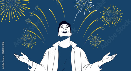 Joyful Man Looking Up At Fireworks Celebration