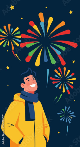 Joyful Man Gazing At Vibrant Fireworks Display On Starry Night