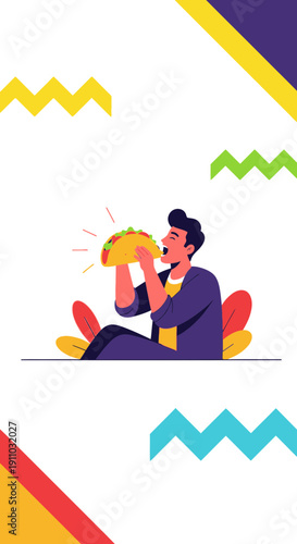 Joyful Man Relishing A Delicious Taco With Colorful Geometric Patterns