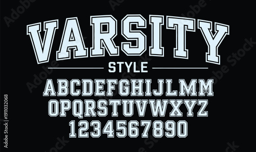 Varsity Style Athletic Alphabet and Number Set with Light Blue Collegiate Typography on Black Background