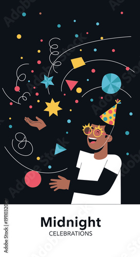 Joyful Midnight Celebrations With Confetti And Party Hat