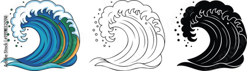 Ocean wave silhouette & Outline and illustration set isolated on transparent background