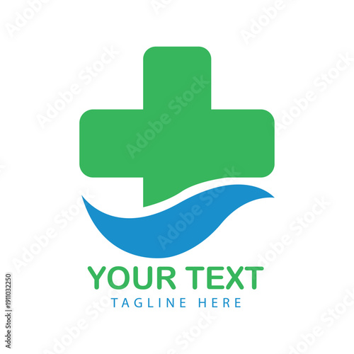 Medical Health Logo with Green Cross and Blue Abstract Wave Element