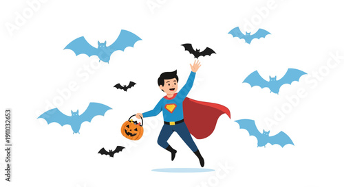 Joyful Superhero Kid With Candy Bucket And Bats For Halloween Celebration