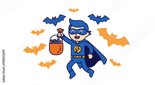 Joyful Superhero Boy With Candy Bag And Bats Flying Halloween Celebration