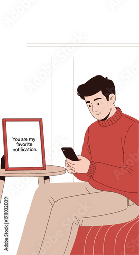 Man Anticipates Meaningful Message On Phone With Framed Romantic Quote