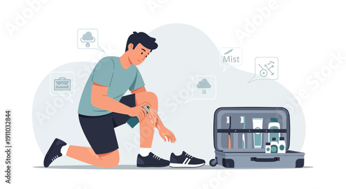 Man Applying Mist Spray To Leg Near Open Travel Toiletry Bag and Shoes