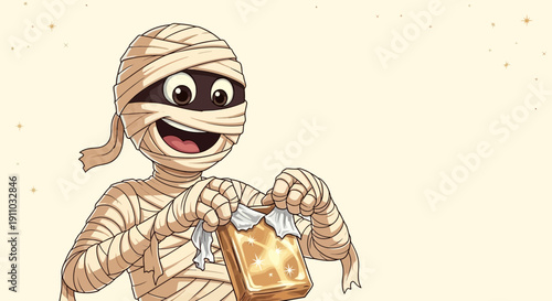 Joyful Mummy Unwraps Sparkling Treasure with Wide Grin