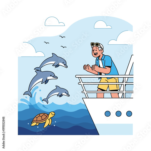 Joyful Tourist Encounters Dolphins and Turtle During Sea Voyage