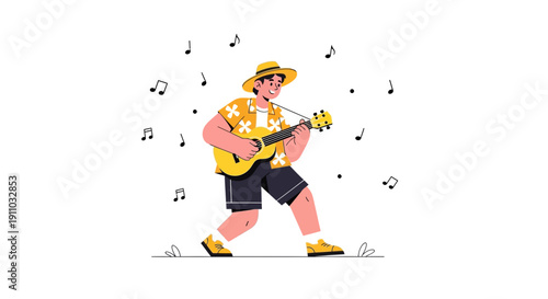 Joyful Musician Playing Guitar Amidst Musical Notes, Summer Vibes, Cheerful Illustration
