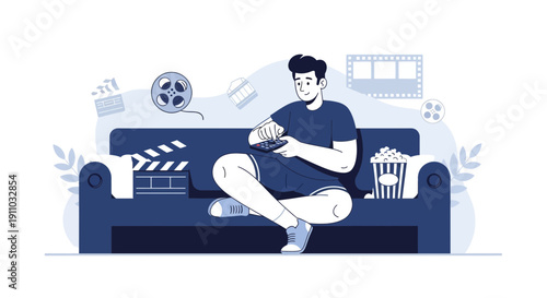 Man Enjoying Movie Night While Relaxing On Couch Watching Film In Leisure Time