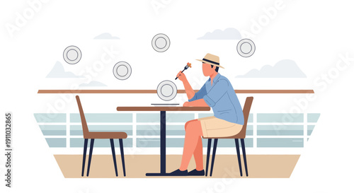 Man Enjoying Meal At Outdoor Cafe Setting With Scenic Background
