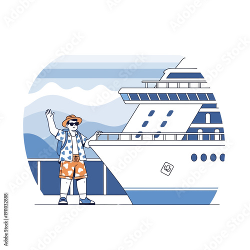 Joyful Traveler Waves Hello To A Magnificent Cruise Ship Docked At Port