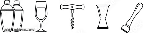 Set of wine accessories icons including bottle corkscrew and glass