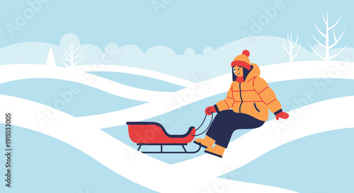 Joyful Winter Sledding Adventure With A Child In A Snowy Landscape