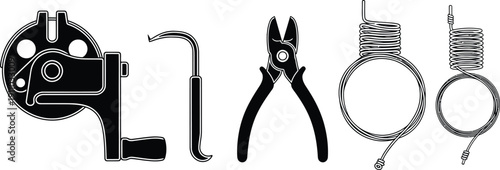 Silhouette vector set of 5 guitar string changing tools string winder bridge pin puller wire cutters and coiled string