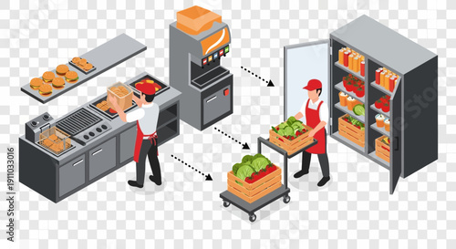 Kitchen staff preparing food and stocking a refrigerator.