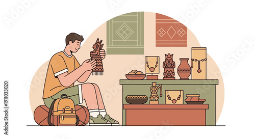 Man Examining Artisan Crafts At Local Market Stall Display