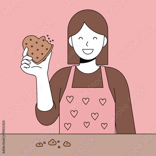 Joyful Woman Adoringly Nibbling a Heart-Shaped Cookie, Delightfully Expressing Happiness.