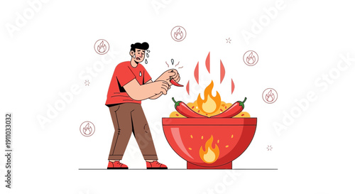 Man Experiencing Intense Heat From Spicy Chili Peppers In A Fiery Pot