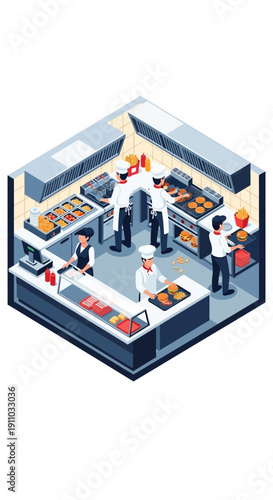 Isometric view of a food market with vendors and customers.