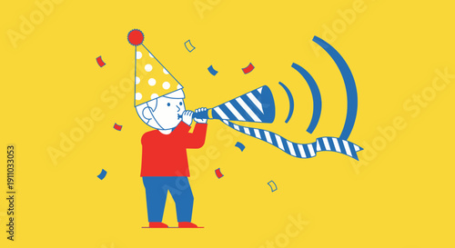 Joyful Person Blowing a Horn to Celebrate the Festivities and Happy Moments