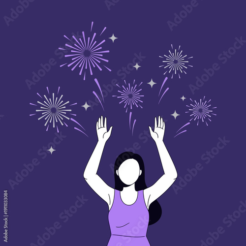Joyful Woman Celebrating With Fireworks Display In Night Sky