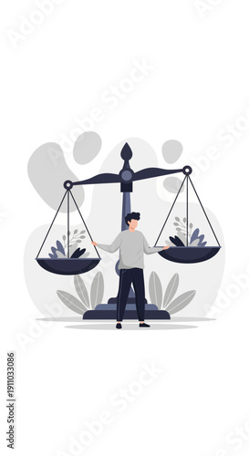 Man Balancing Scales Of Justice And Nature Harmony Symbolizing Equilibrium And Sustainability
