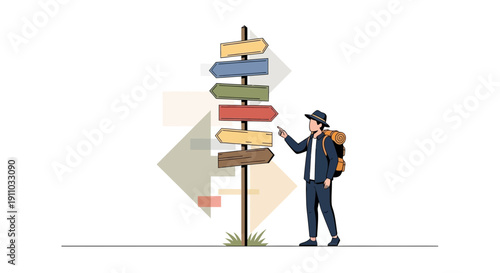 Man At Crossroads With Directional Signpost Choosing Path Forward