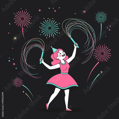 Joyful Person Celebrating Amidst Colorful Fireworks and Sparklers on a Dark Background