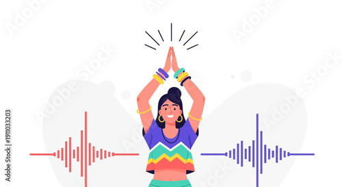 Joyful Woman Embracing Soundwaves With Hands Raised In Prayer Pose