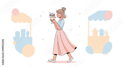 Joyful Woman Enjoying A Refreshing Dessert From A Charming Street Cart