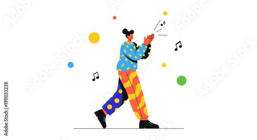 Joyful Person Clapping Amidst Musical Notes And Colorful Spheres