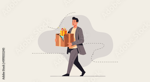 Man Carries Broken Gift Box With Sad Expression And Cracked Package