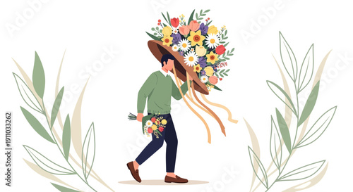 Man Carries Large Flower Arrangement on Hat Surrounded by Botanical Elements