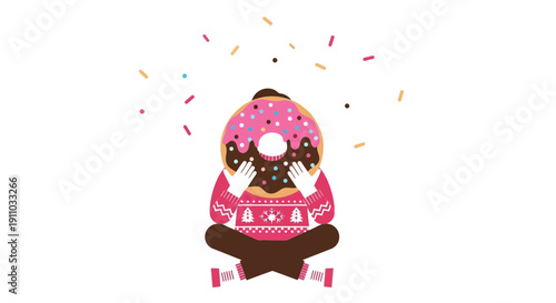 Joyful Person Embraces Giant Donut With Sprinkles Falling Down