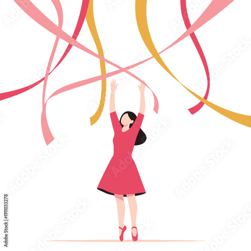 Joyful Woman Reaching for Colorful Streamers in Celebration of Accomplishments