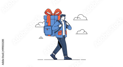Man Carrying Large Gift Box Backpack Adventure Journey Express Delivery Service