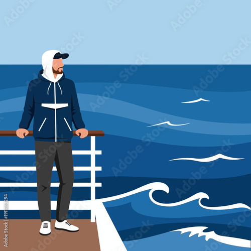 Man Gazing At The Vast Ocean From A Ship Deck