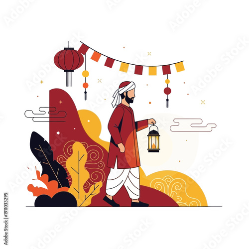 Man Carrying Lantern Celebrates Festive Occasion Outdoors With Traditional Decorations