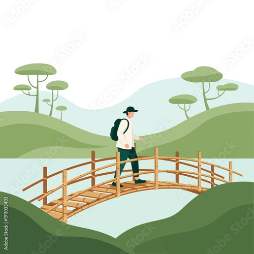 Man Hiking Across Serene Bamboo Bridge Amidst Verdant Rolling Hills Landscape Illustration