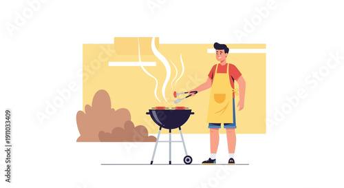 Man Grilling Sausages On A Bbq Outdoors With Smoke Rising