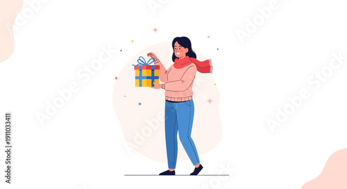 Joyful Woman Unveiling A Vibrant Gift Box Celebration Surprise