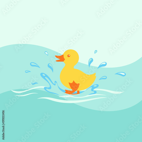 Joyful Yellow Duckling Splashing Happily In Gentle Water Waves