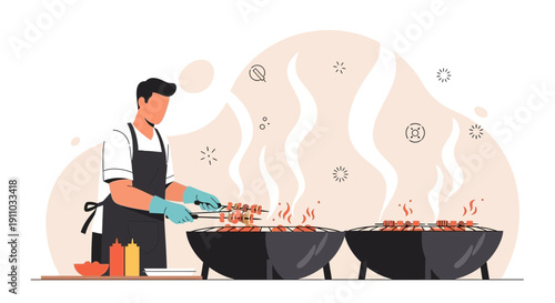 Man Grilling Skewers On Outdoor Barbecues Enjoying Summer Cooking