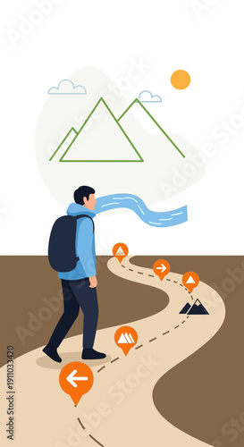 Man Hiking A Winding Path Towards Mountains With Navigation Markers