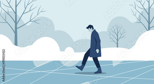 Man Cautiously Treading On Icy Surface In Cold Winter Landscape Illustration