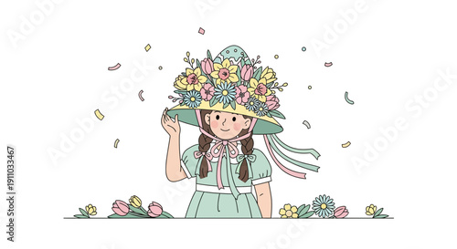 Joyful Young Girl Adorned With A Lush Floral Hat In A Spring Celebration