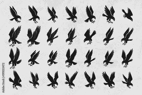 Collection of black eagles in various flying positions