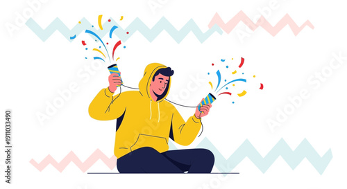 Joyful Young Man Ignites Celebration With Popping Confetti Shooters